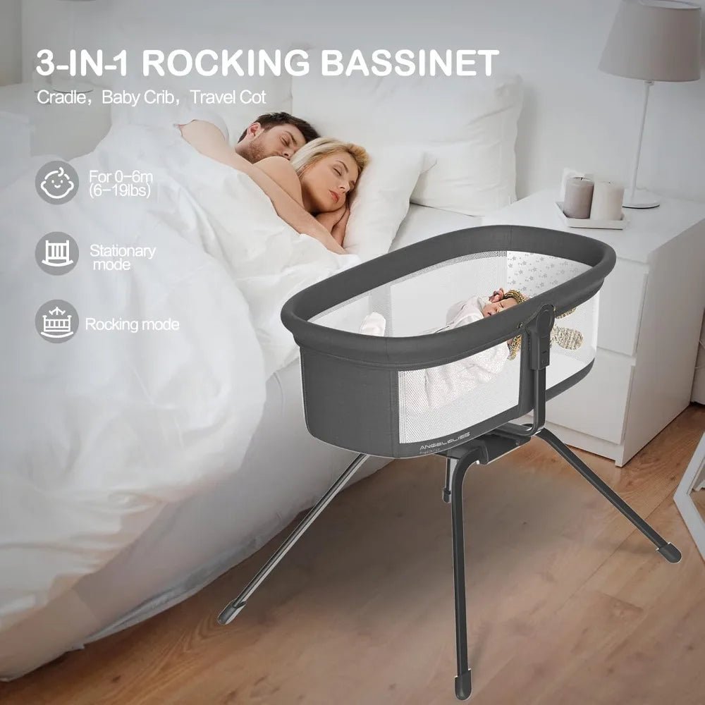 MildlyMama - 3 - in - 1 Portable Rocking Bassinet, Adjustable Bedside Sleeper with Mesh Sides – Travel - Friendly Baby Bassinet in Black Baby Bassinets & Cradles