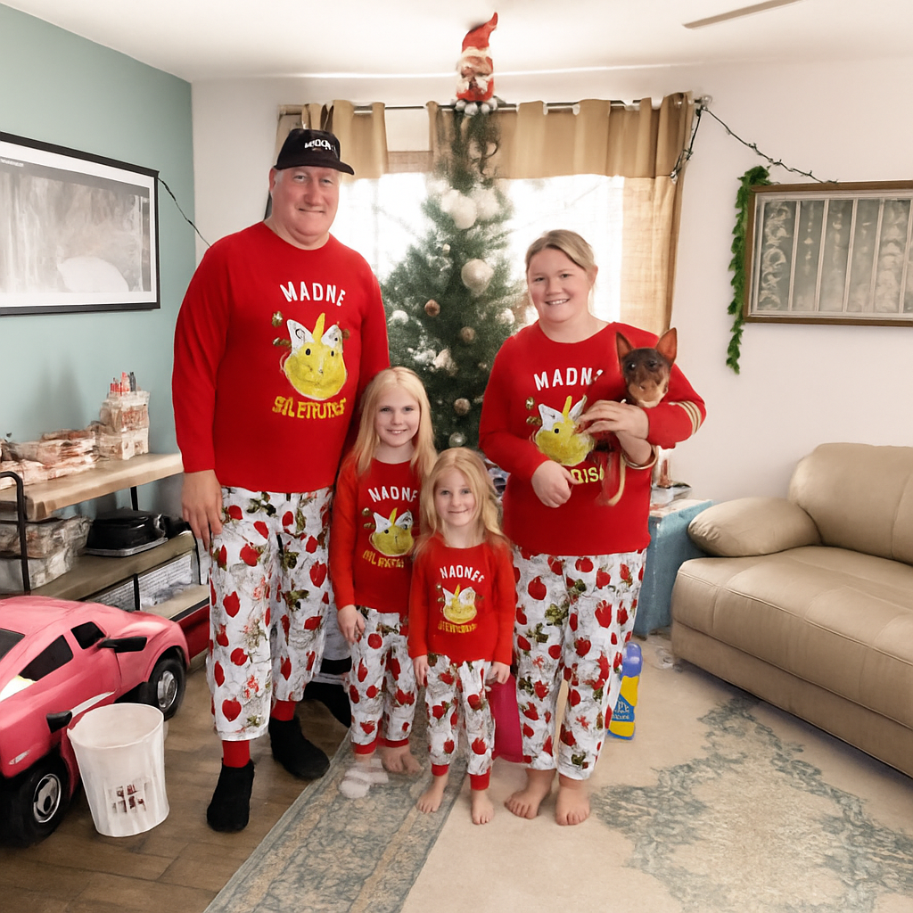 Family in matching red pajamas with a Christmas tree in the background