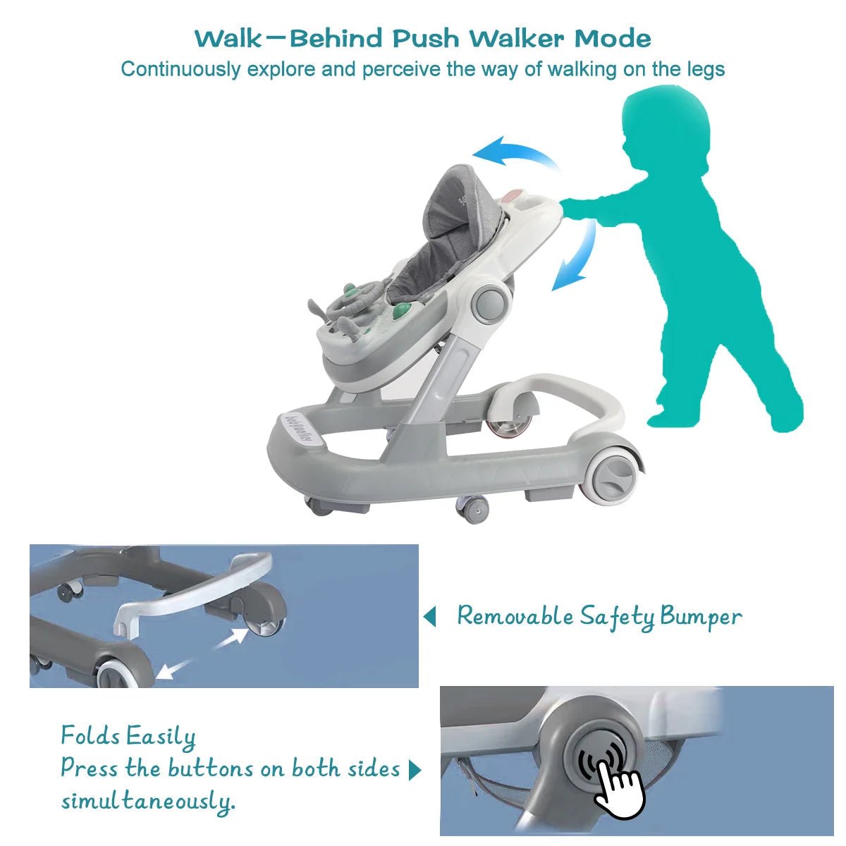 MildlyMama - Foldable 2-in-1 Baby Walker with Interactive Toy Tray - Adjustable Height for Safe First Steps Baby Walkers