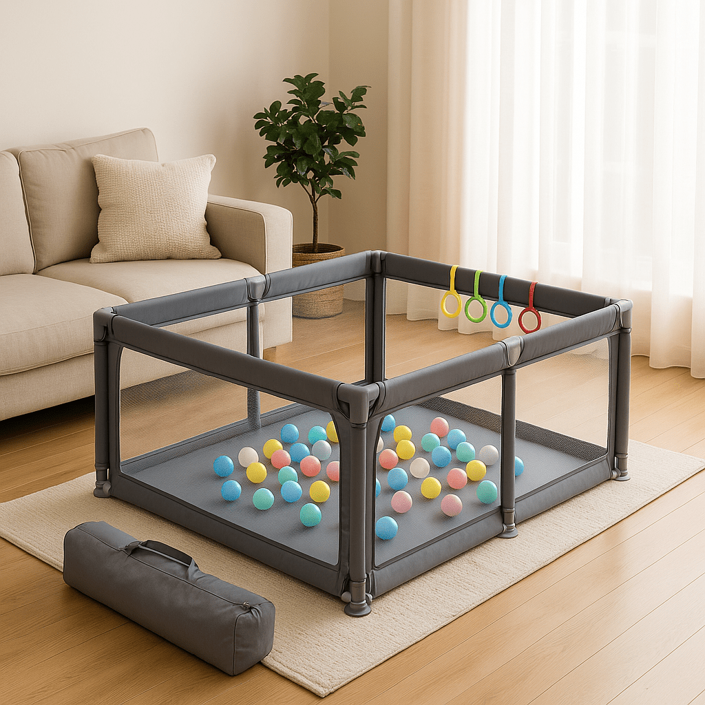 MildlyMama - 3 - in - 1 Foldable Baby Playpen and Bedside Sleeper with Adjustable Height – Portable Play Yard with Mesh Sides for Safe Sleep and Play Baby Gear