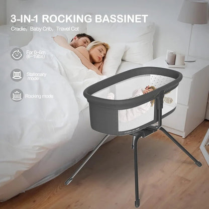 MildlyMama - 3 - in - 1 Portable Rocking Bassinet, Adjustable Bedside Sleeper with Mesh Sides – Travel - Friendly Baby Bassinet in Black Baby Bassinets & Cradles