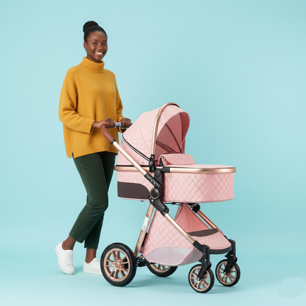 Woman pushing a pink and rose gold stroller against a light blue background