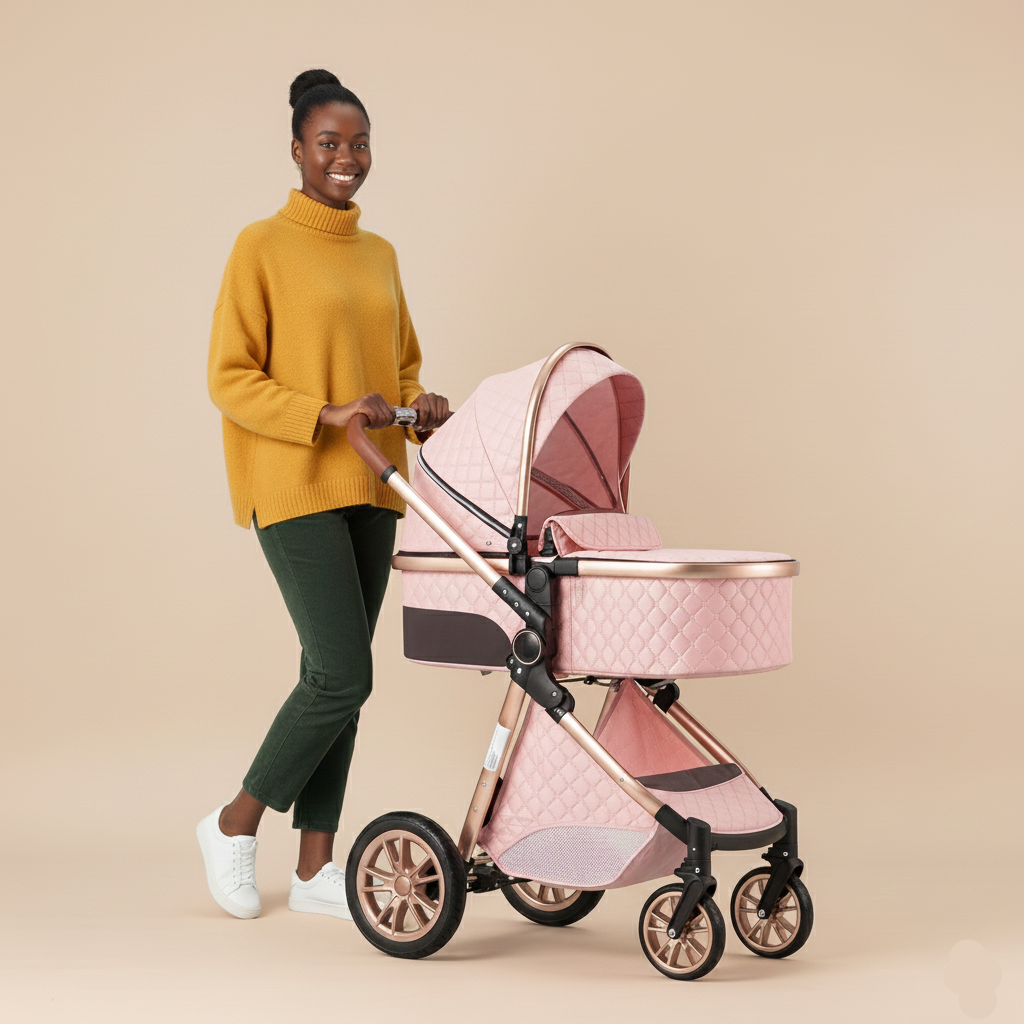 Woman pushing a pink and rose gold baby stroller against a beige background