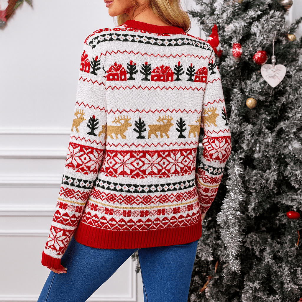 MildlyMama - FestiveThreads™ Women’s Christmas Sweater – Cozy Knit Pullover with Reindeer & Snowflake Holiday Pattern, Soft Winter Jumper Sweater