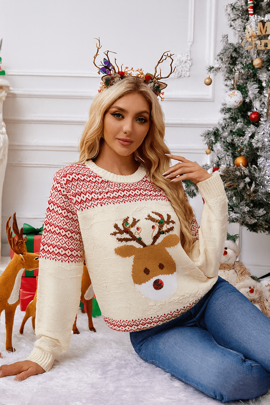 MildlyMama - FestiveThreads™ Women’s Christmas Sweater – Cozy Knit Pullover with Reindeer & Snowflake Holiday Pattern, Soft Winter Jumper Sweater