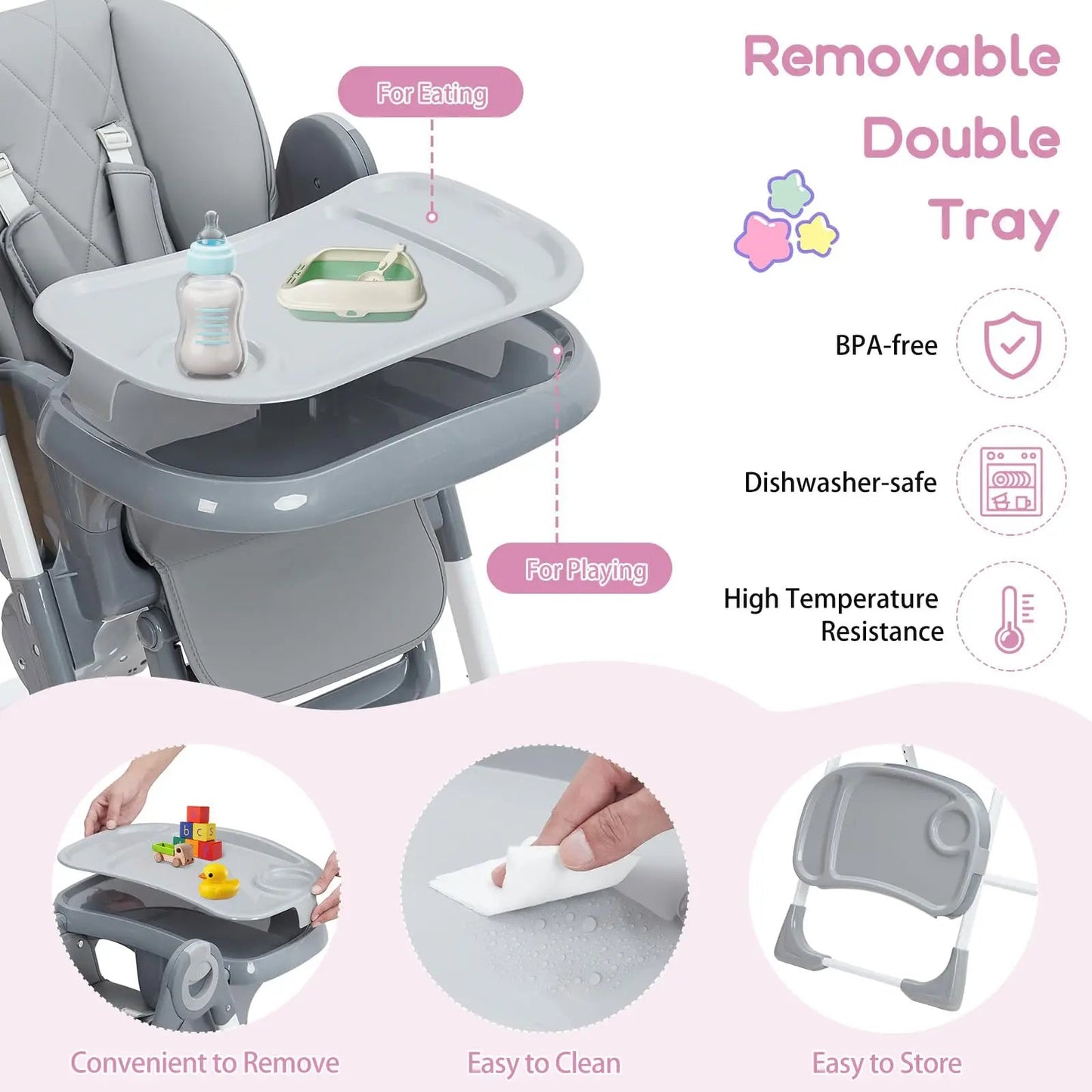 MildlyMama - Foldable Baby High Chair with Adjustable Height and Recline, Lightweight Design, Easy to Clean Removable Tray Baby & Toddler Furniture