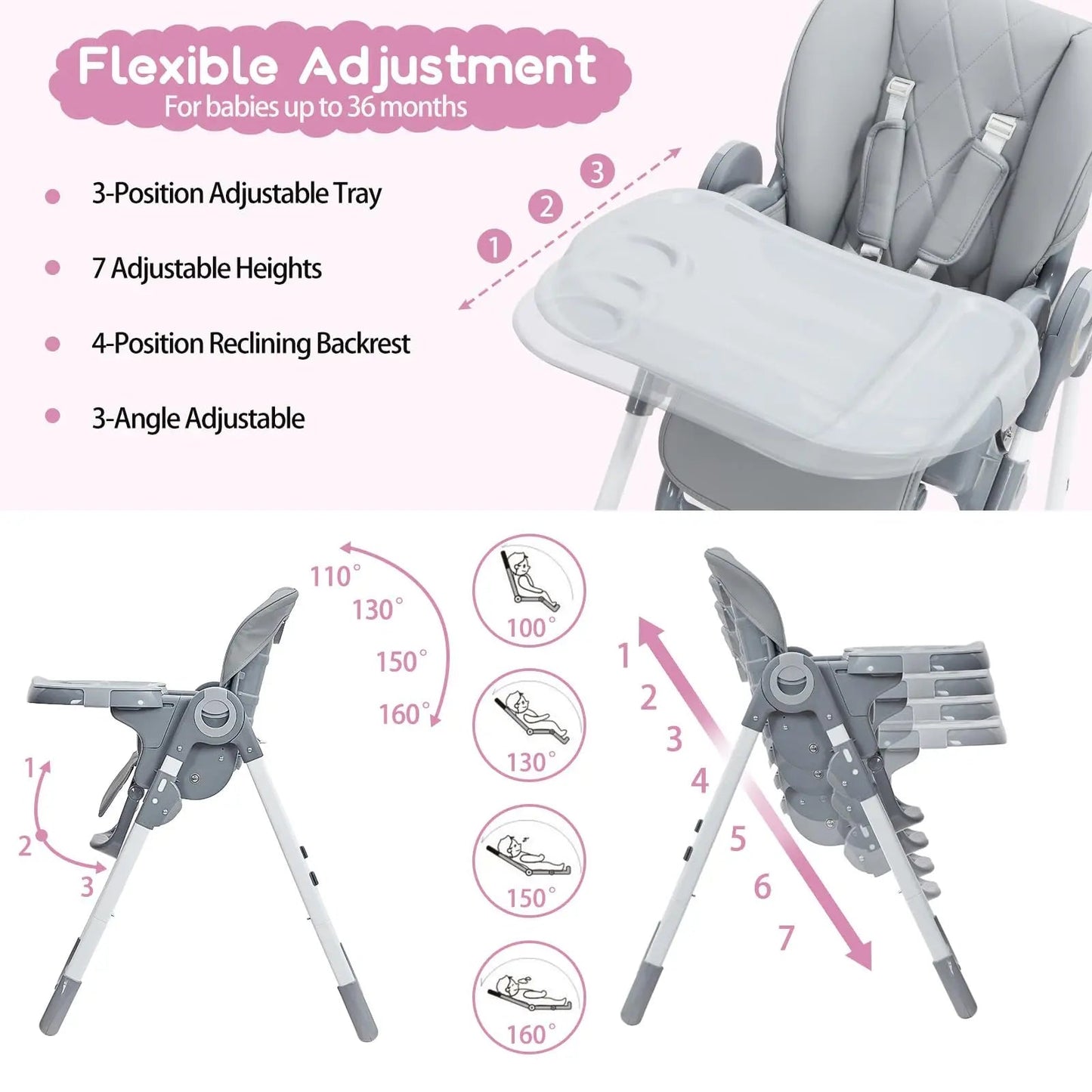 MildlyMama - Foldable Baby High Chair with Adjustable Height and Recline, Lightweight Design, Easy to Clean Removable Tray Baby & Toddler Furniture
