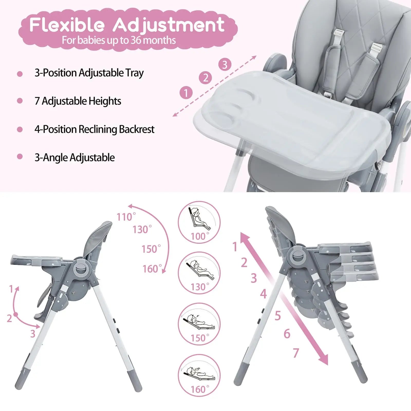 MildlyMama - Foldable Baby High Chair with Adjustable Height and Recline, Lightweight Design, Easy to Clean Removable Tray Baby & Toddler Furniture