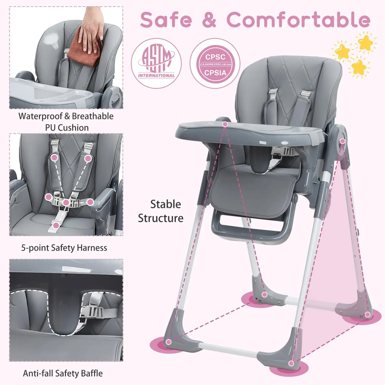 MildlyMama - Foldable Baby High Chair with Adjustable Height and Recline, Lightweight Design, Easy to Clean Removable Tray Baby & Toddler Furniture
