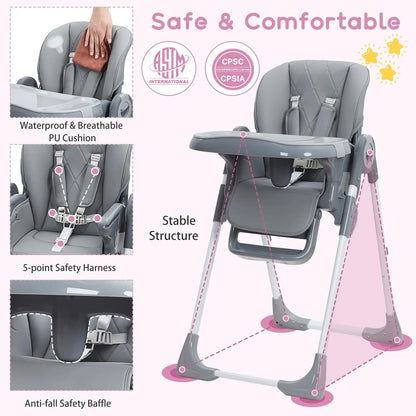MildlyMama - Foldable Baby High Chair with Adjustable Height and Recline, Lightweight Design, Easy to Clean Removable Tray Baby & Toddler Furniture