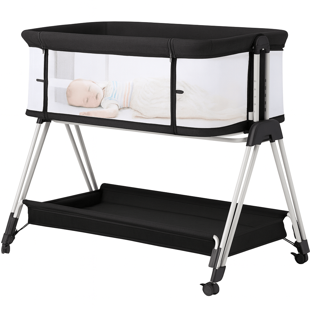 MildlyMama - Height - Adjustable Baby Co - Sleeper with Mesh Sides and Integrated Storage – 7 Positions, Black and White Baby & Toddler Furniture