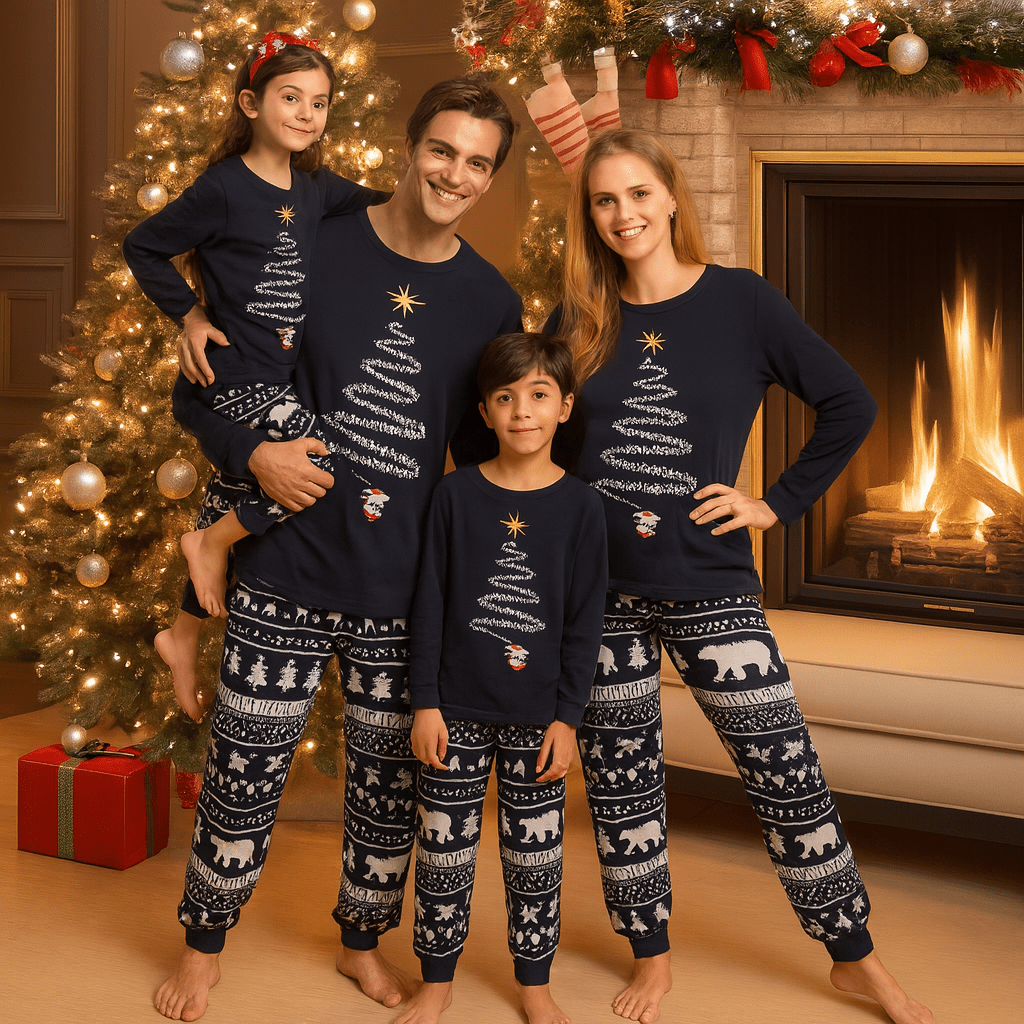 MildlyMama - SparkTree Family Matching Christmas Pajama Set – Festive Tree Print Holiday Sleepwear for Kids, Adults & Couples Navy blue pajamas