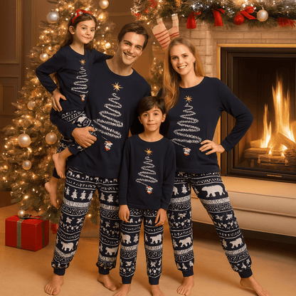 MildlyMama - SparkTree Family Matching Christmas Pajama Set – Festive Tree Print Holiday Sleepwear for Kids, Adults & Couples Navy blue pajamas
