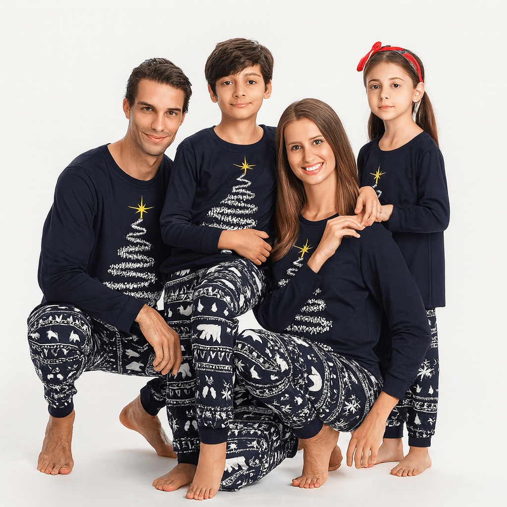 MildlyMama - SparkTree Family Matching Christmas Pajama Set – Festive Tree Print Holiday Sleepwear for Kids, Adults & Couples Navy blue pajamas