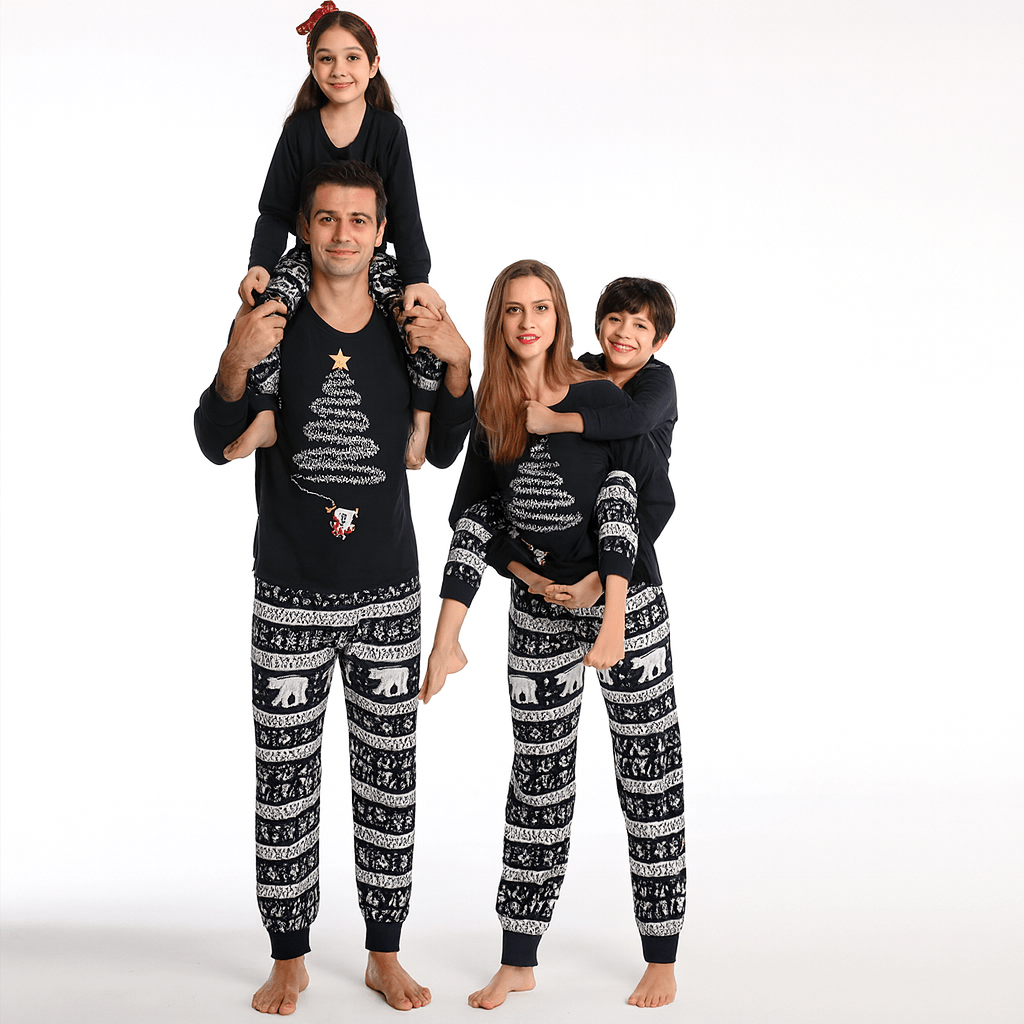 MildlyMama - SparkTree Family Matching Christmas Pajama Set – Festive Tree Print Holiday Sleepwear for Kids, Adults & Couples Navy blue pajamas