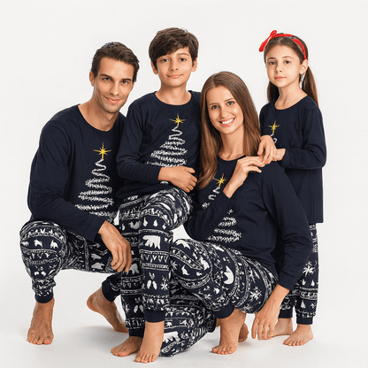 MildlyMama - SparkTree Family Matching Christmas Pajama Set – Festive Tree Print Holiday Sleepwear for Kids, Adults & Couples Navy blue pajamas