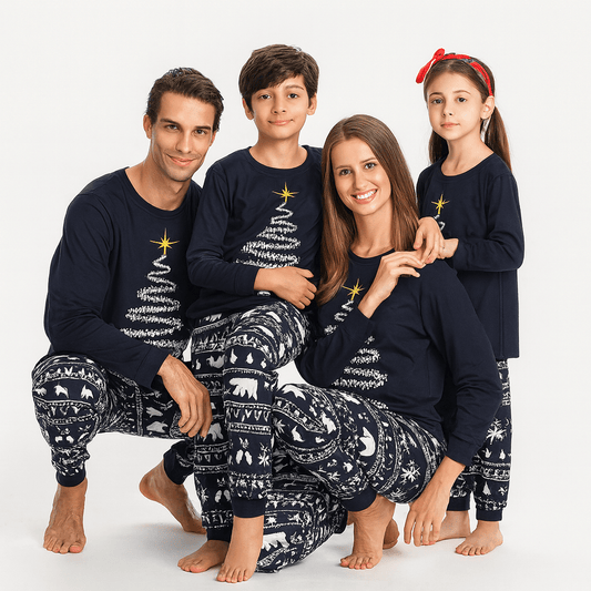 MildlyMama - SparkTree Family Matching Christmas Pajama Set – Festive Tree Print Holiday Sleepwear for Kids, Adults & Couples Navy blue pajamas