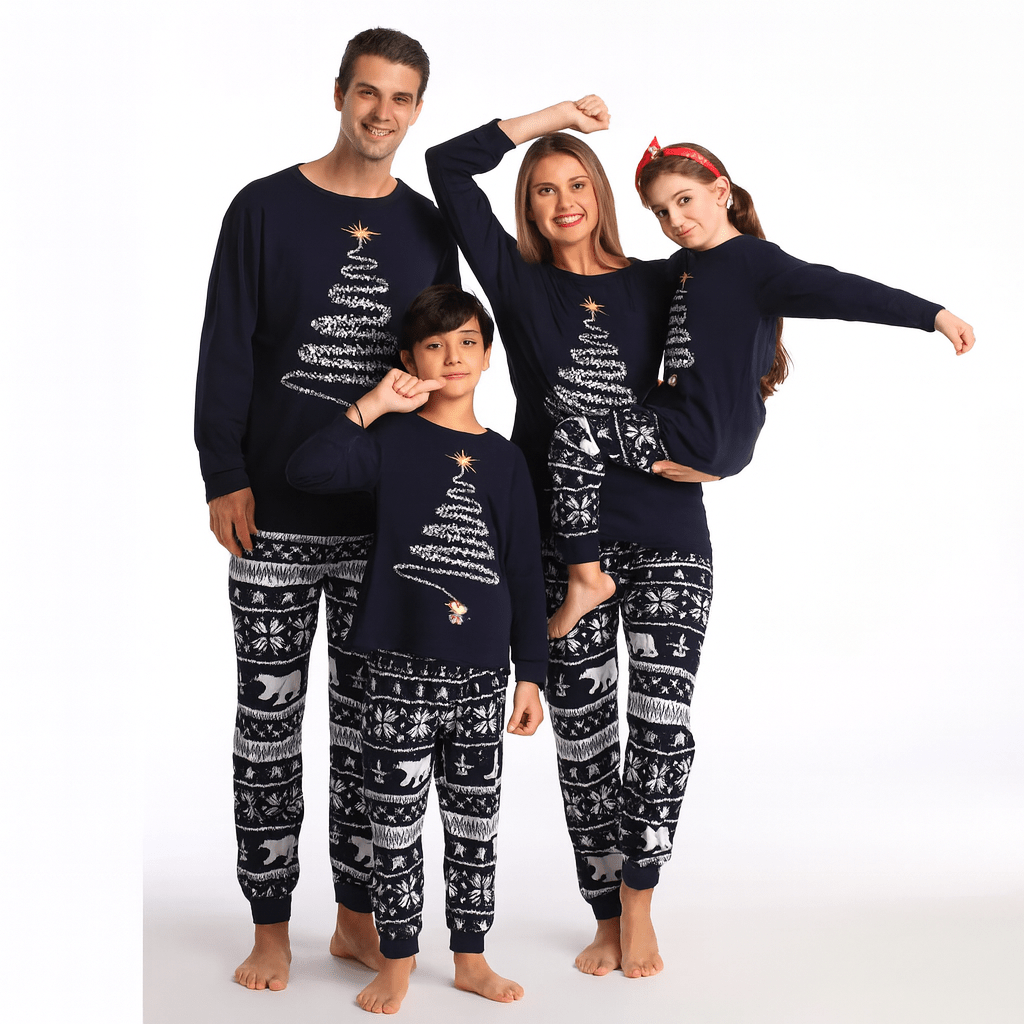 MildlyMama - SparkTree Family Matching Christmas Pajama Set – Festive Tree Print Holiday Sleepwear for Kids, Adults & Couples Navy blue pajamas